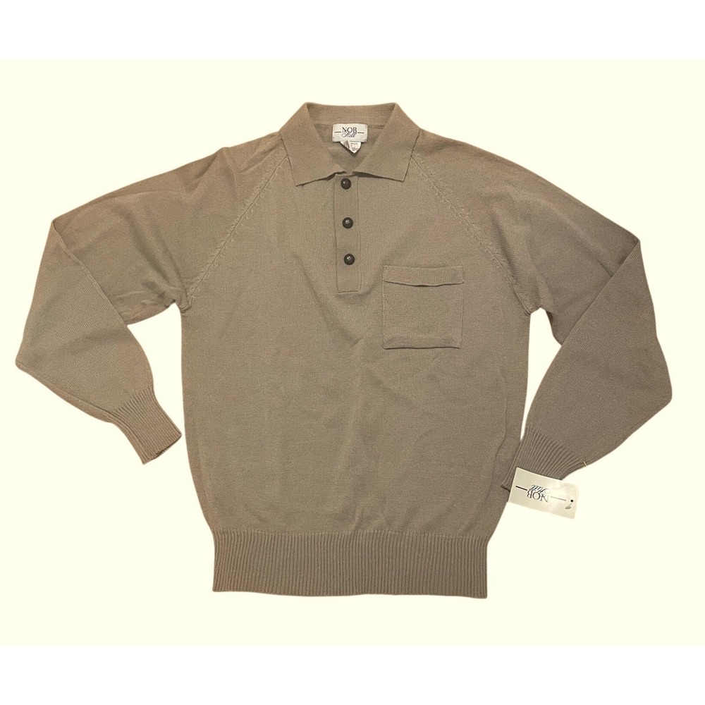 Nob Hill Vintage Polo Sweater Long Sleeve Taupe Brown Acrylic Pocket M NWT